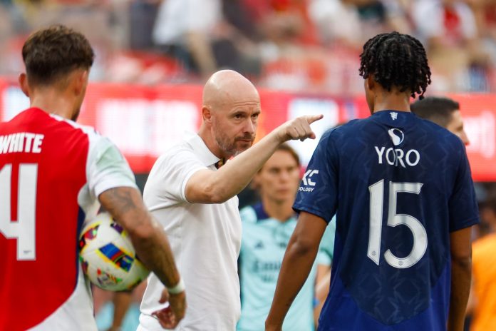 Manchester United manager Erik Ten Hag pointing at defender Leny Yoro